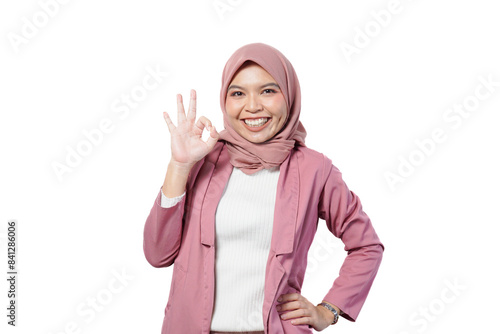 Portrait of smiling confident asian business designer woman pink suit office