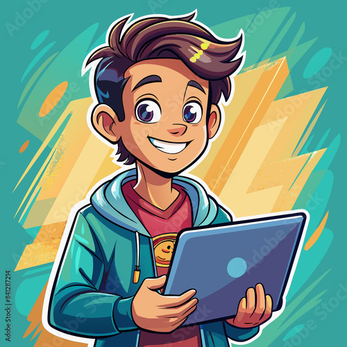 A vibrant illustration of a young boy with spiky hair, smiling brightly. He is wearing a blue and red jacket over a white shirt and is holding a book. The background features dynamic