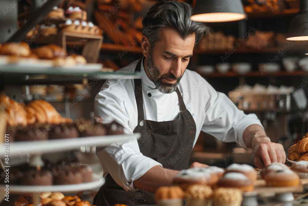 a man in a bakery setting preparing pastries