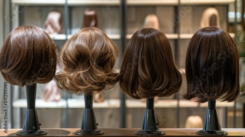 Four different styled hair wigs displayed on mannequin heads inside a shop with subtle reflections