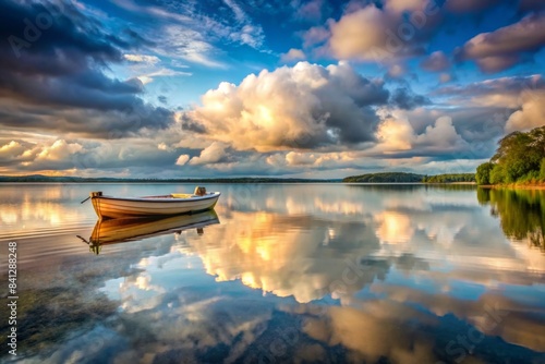 Tranquil scene of a boat on a calm lake under a cloudy sky , Solitude, peaceful, serenity, reflective, water, nature, clouds, sky photo