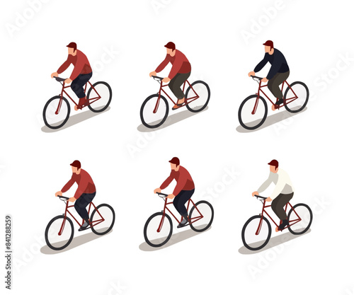 man riding bike set isometric vector flat isolated vector style illustration