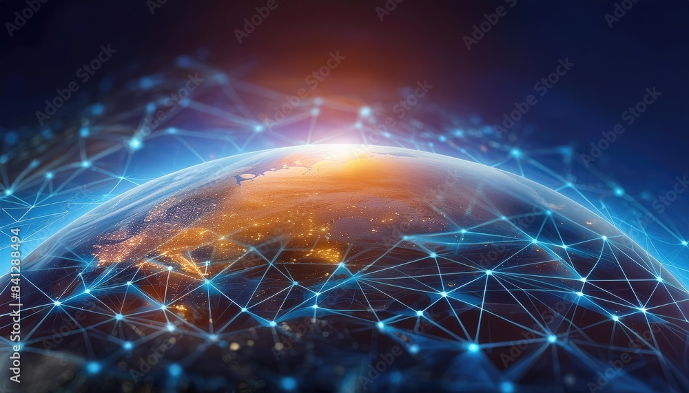 Obraz premium Blockchain technology Map of the planet. World map. Global social network. Blue futuristic background with planet Earth. Internet and technology. Floating blue plexus geometric background.