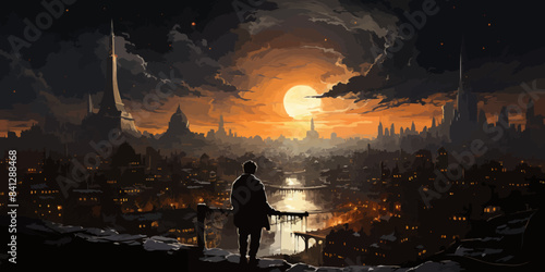 man watching over the city,illustration painting
