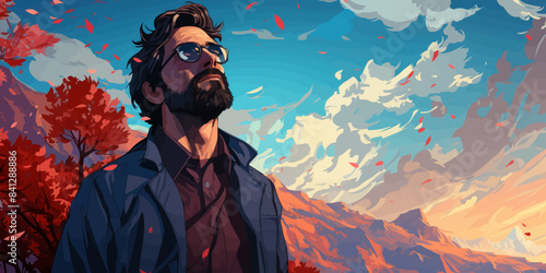 lonely man looks up at the sky feeling blue background are windy autumn leaves in pastel vector illustration