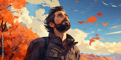 lonely man looks up at the sky feeling blue background are windy autumn leaves in pastel vector illustration