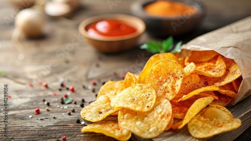 Potato chips on rustic wooden table with seasoning