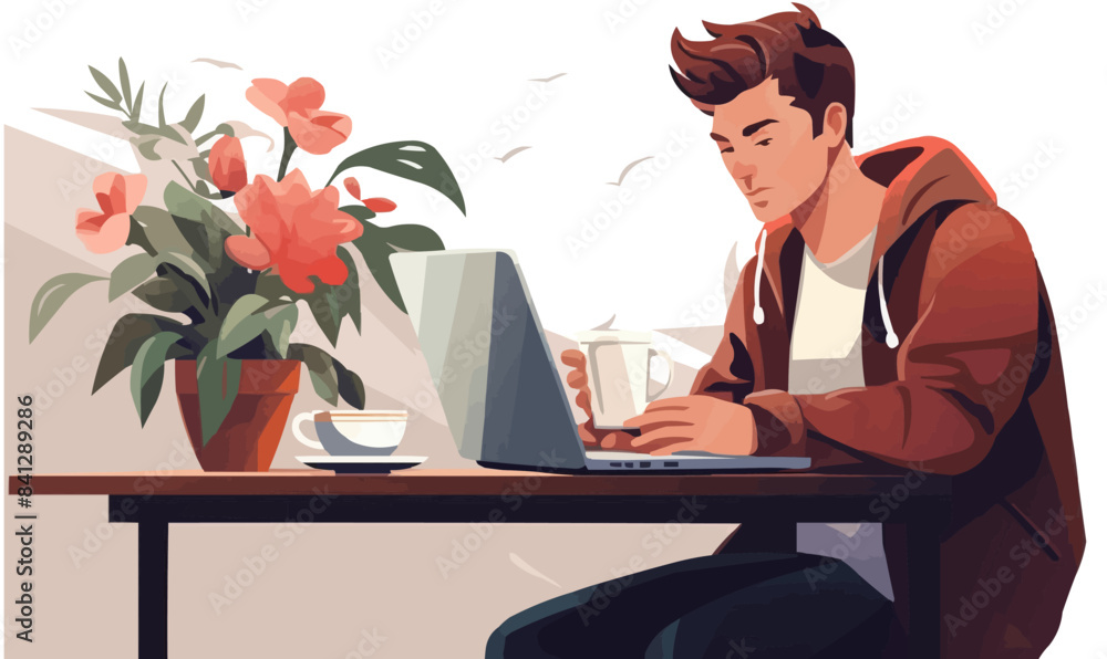 person with laptop drinking coffee vector flat isolated illustration person with laptop drinking coffee vector flat isolated illustration
