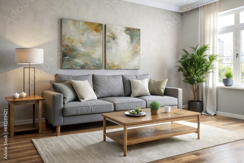 Simple living room with a grey sofa, a coffee table, and abstract artwork, neutral tones, open and airy