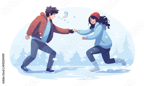 Playful Snowball Fight with a Smiling Couple isolated vector style on isolated background illustration