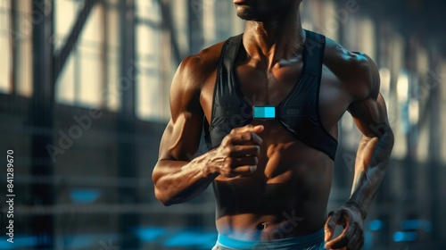 A muscular man wearing a heart rate monitor runs on a treadmill in a gym, demonstrating fitness and health. photo