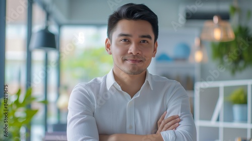 Portrait of male Filipino handsome business leader, modern bright office boardroom, professional atmosphere, leadership, diverse workplace, corporate setting.