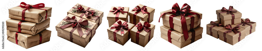 Obraz premium Collection of Gift boxes with the red ribbons in eco paper On isolated transparent PNG background