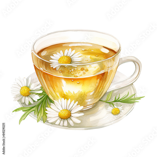 A Chamomile Tea: A classic, calming tea made from chamomile flowers, known for its mild, apple-like flavor and relaxing properties. , watercolor illustration clipart