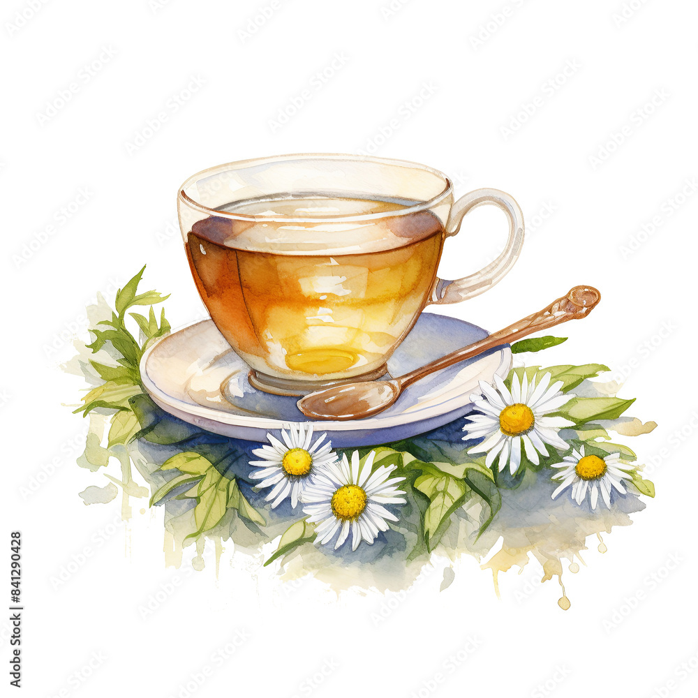 A Chamomile Tea: A classic, calming tea made from chamomile flowers, known for its mild, apple-like flavor and relaxing properties. , watercolor illustration clipart A Chamomile Tea: A classic, calming tea made from chamomile flowers, known for its mild, apple-like flavor and relaxing properties. , watercolor illustration clipart