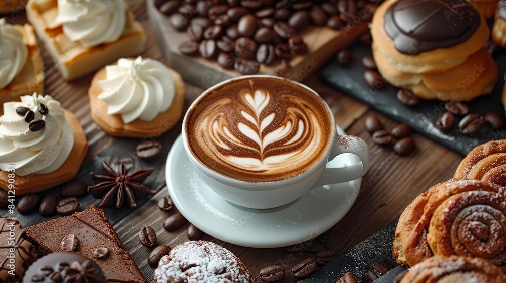 Close up of coffee and desserts on a wooden table Close up of coffee and desserts on a wooden table
