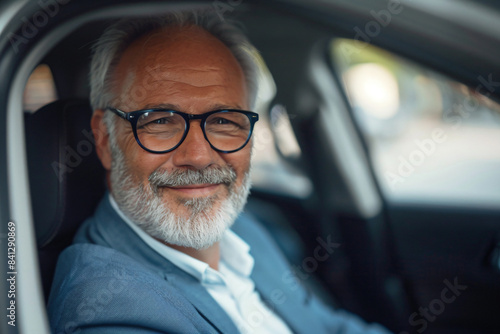 a man with glasses and a beard sitting in a car