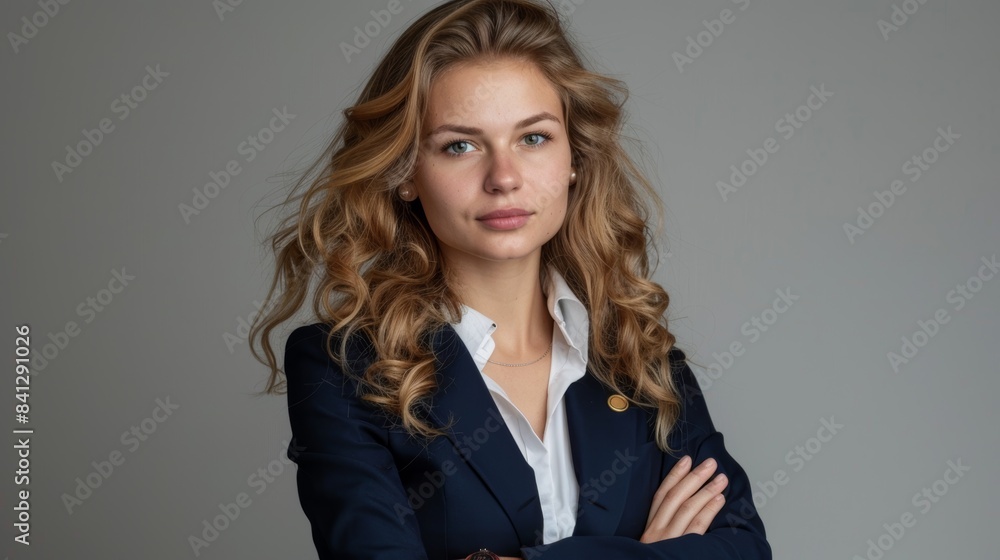 Portrait of a confident young businesswoman with long blonde curly hair, wearing a dark blue blazer and a white shirt, against a gray background. Portrait of a confident young businesswoman with long blonde curly hair, wearing a dark blue blazer and a white shirt, against a gray background.