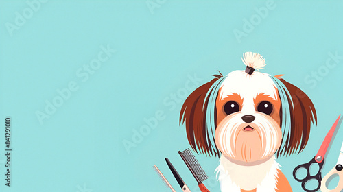 Illustration of a Shih Tzu dog with grooming tools on a blue background photo