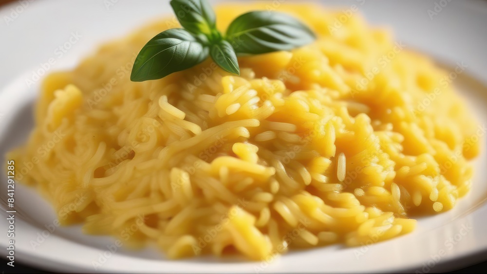 A creamy plate of lemon orzo pasta topped with fresh basil leaves. The bright yellow pasta and green basil create a simple yet inviting dish A creamy plate of lemon orzo pasta topped with fresh basil leaves. The bright yellow pasta and green basil create a simple yet inviting dish
