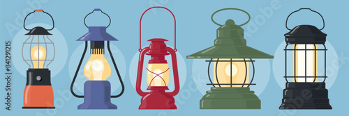 Set of beautiful vintage oil lamps, kerosene lamps in cartoon style. Vector illustration of antique colored oil lamps of different types and shapes for room lighting isolated on a blue background.
