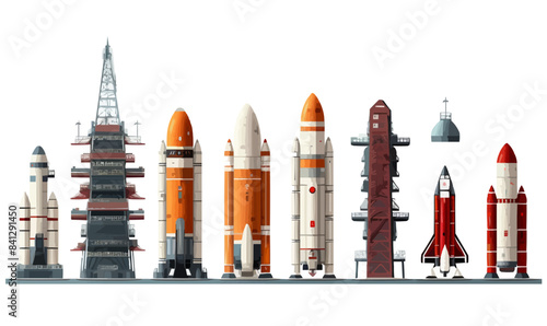 Rocket launch pad set vector isolated