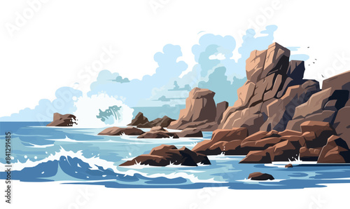 rocky coastline with crashing waves vector simple isolated illustration