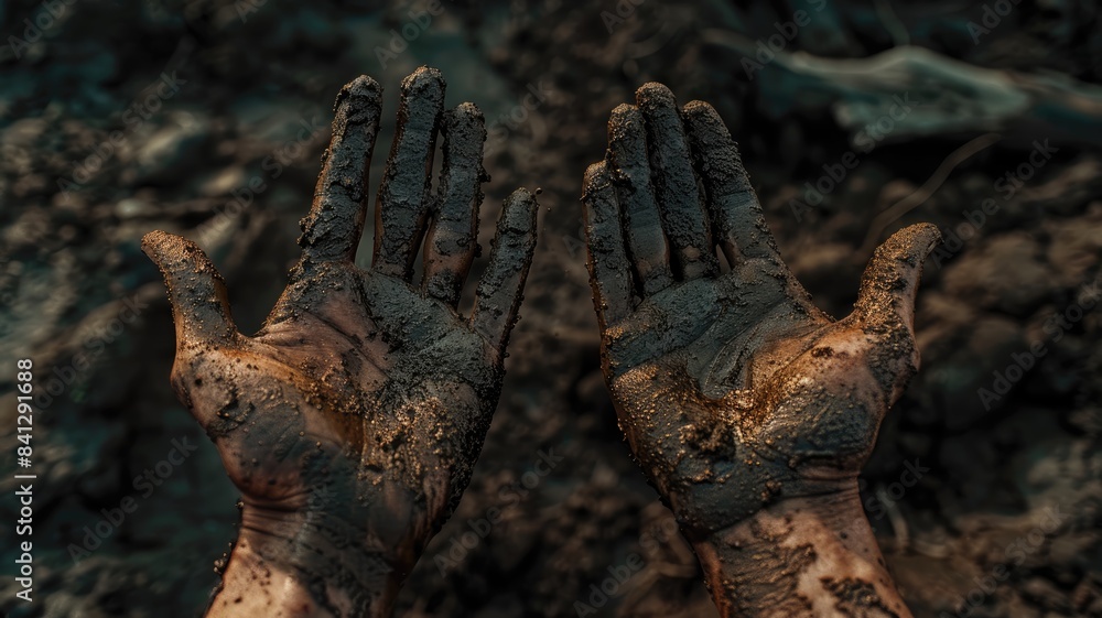 Fototapeta premium Two palms in mud and calluses are pointing up, hands of refugee and homeless. Concept hard work.