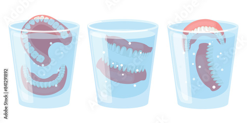 Set of replaceable prostheses, removable jaws in a cartoon style. Vector illustration of false jaws with teeth in transparent mud with water isolated on white background. Careful care, teeth cleaning.