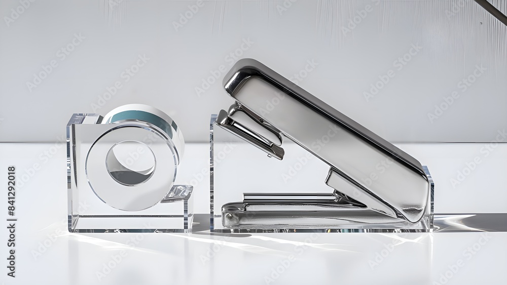 A crystal-clear acrylic stapler and tape dispenser set A crystal-clear acrylic stapler and tape dispenser set