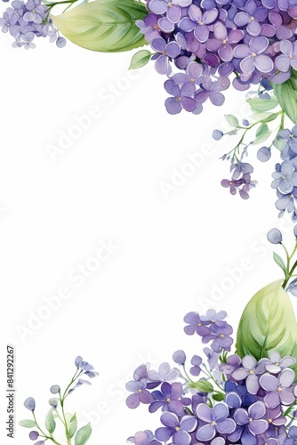 heliotrope themed frame or border for photos and text. fwith clusters of purple flowers. watercolor illustration, white color background. photo