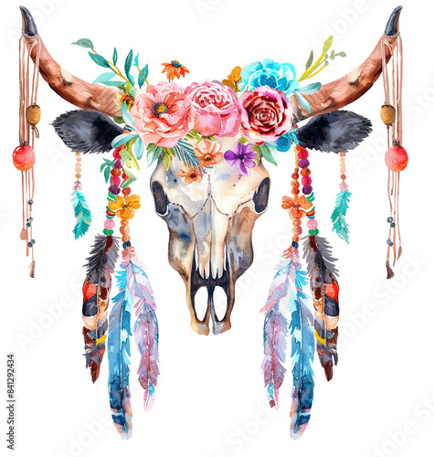 Watercolor bull skull with flowers and feathers over white, boho aesthetic