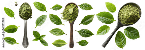 Collection of Green matcha powder in a spoon with tea leaves On isolated transparent PNG background photo
