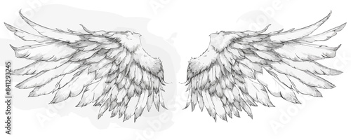 Hand drawn wings, sketch bird or angel wing with feathers. Vector illustration