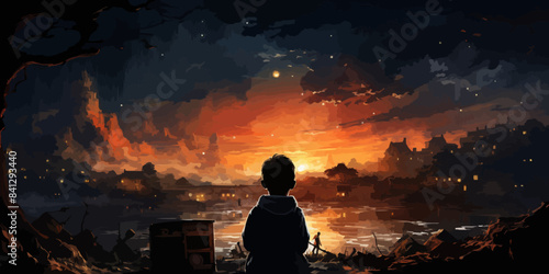 night scene of a man looking at the old house with junk all around, digital art style, illustration painting