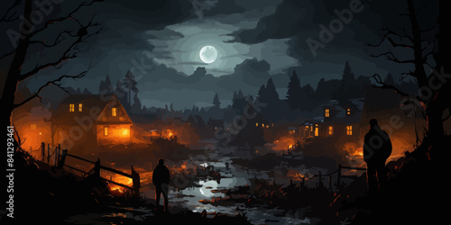 night scene of a man looking at the old house with junk all around, digital art style, illustration painting