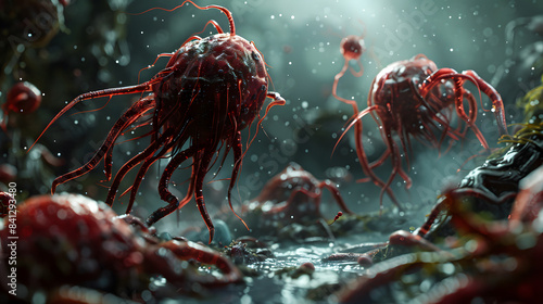 Phagocytes depicted as primal hunters, their predatory instincts honed to perfection as they stalk their microbial prey