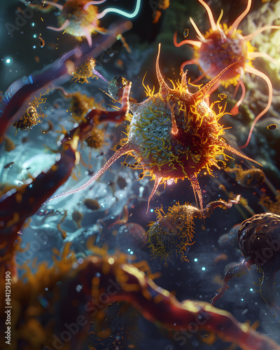 Phagocytes depicted as cosmic devourers, their forms expanding and contracting as they engulf microbial prey