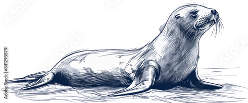 Fur seal lion hand drawn sketch Underwater world . vector simple illustration