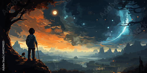 night scene of a man looking at the old house with junk all around, digital art style, illustration painting