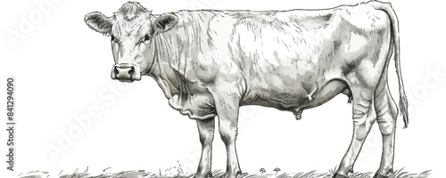 Farm animal. Dairy cow sketch. Hand drawn Cow, standing full-length in front of white background. vector simple illustration