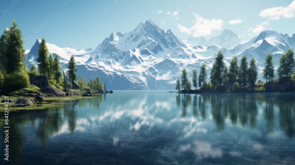A serene landscape of snow-capped mountains reflected in a tranquil lake, surrounded by evergreen forests. A serene landscape of snow-capped mountains reflected in a tranquil lake, surrounded by evergreen forests.