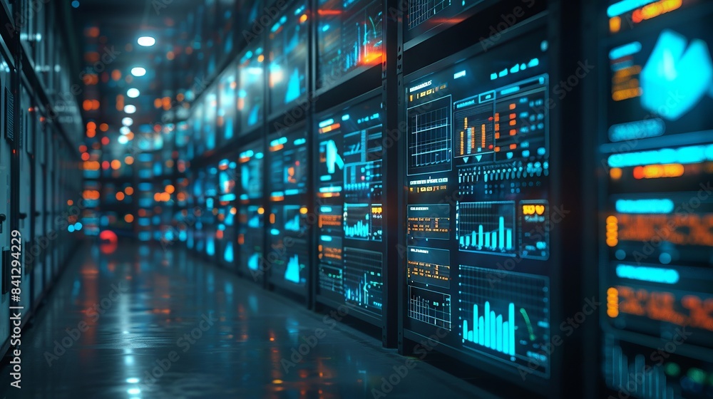 Server racks with colorful data visualizations Server racks with colorful data visualizations