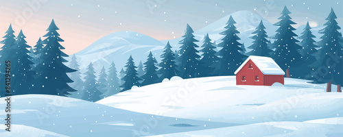 A tranquil snowy landscape with frosted pine trees and a cozy cabin tucked away in the woods. Vector flat minimalistic isolated illustration.