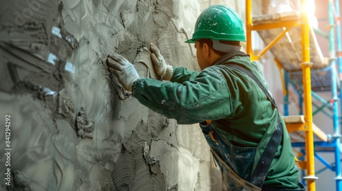 Construction worker plastering wall photo
