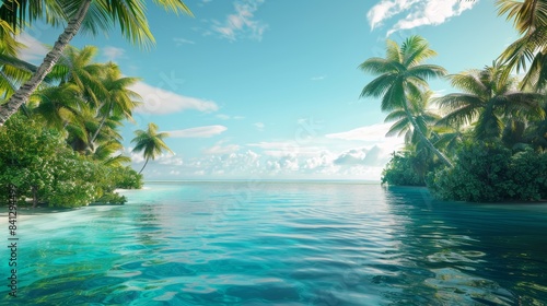 A serene tropical lagoon with crystal-clear turquoise water and lush green palm trees, under a clear blue sky.