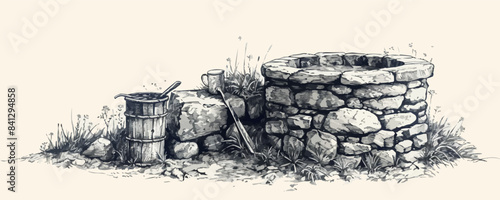 Rustic stone well with bucket and drinking water. Hand drawn sketch in vintage style.. vector simple illustration