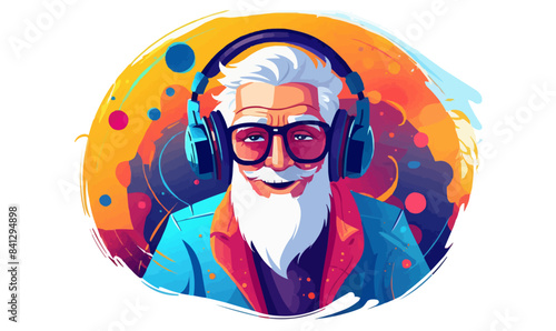 old man listening music vector flat isolated illustration