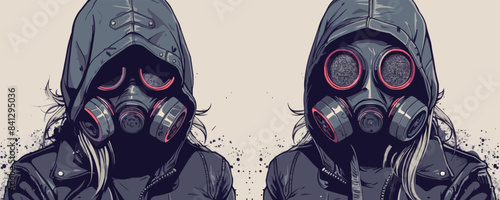 Fashion cyberpunk girl in leather hoodie jacket wears gas mask with protective glasses. vector simple illustration