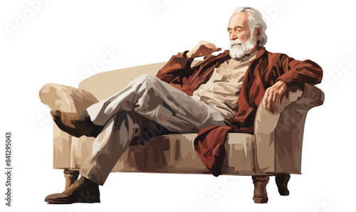 Old man sitting on sofa isolated vector transparent background